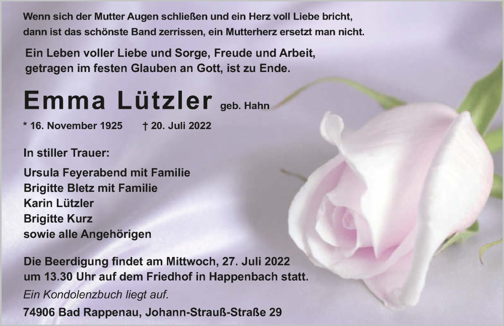  Traueranzeige für Emma Lützler vom 23.07.2022 aus GESAMT
