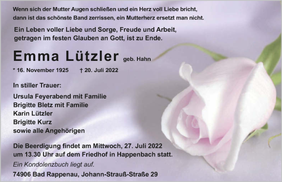 Traueranzeige von Emma Lützler von GESAMT