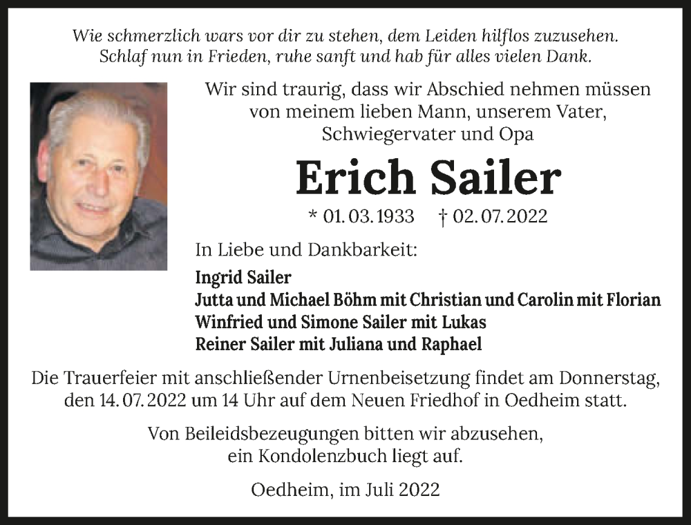  Traueranzeige für Erich Sailer vom 09.07.2022 aus GESAMT