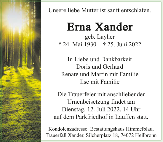 Traueranzeige von Erna Xander von GESAMT