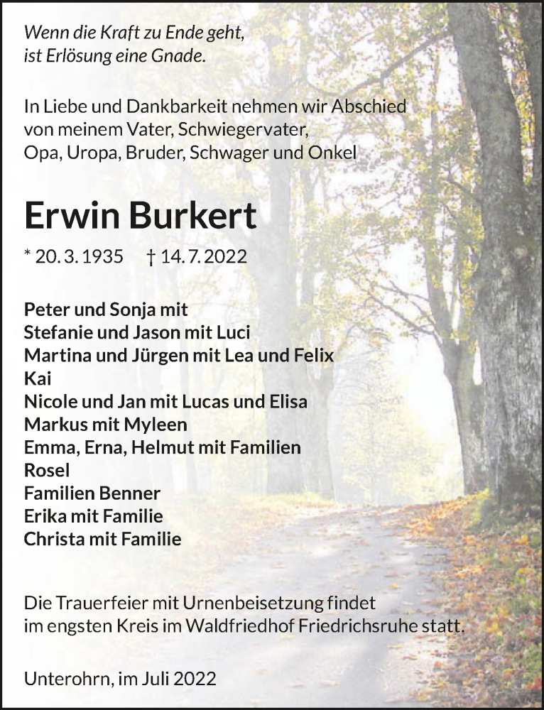  Traueranzeige für Erwin Burkert vom 23.07.2022 aus GESAMT