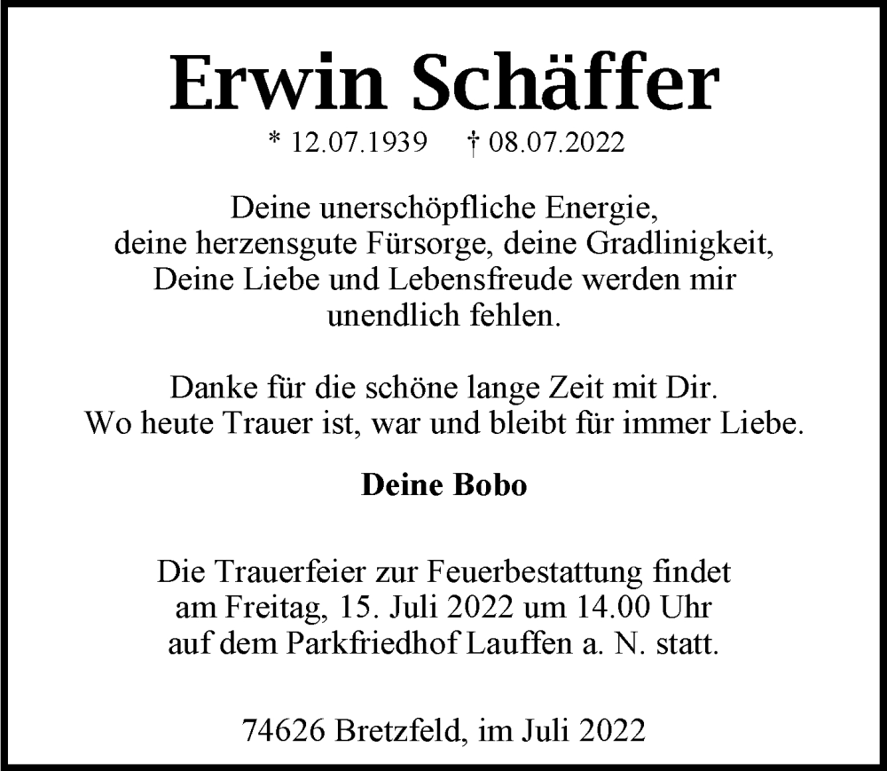  Traueranzeige für Erwin Schäffer vom 13.07.2022 aus GESAMT