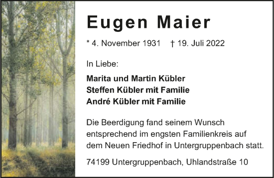Traueranzeige von Eugen Maier von GESAMT