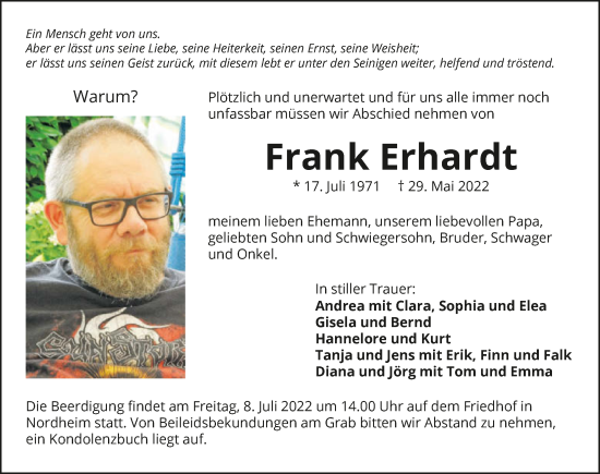 Traueranzeige von Frank Erhardt von GESAMT