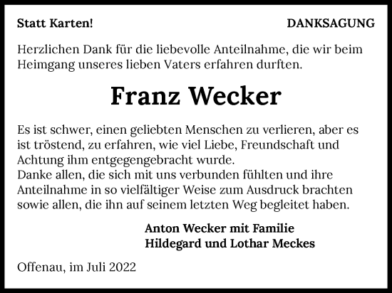 Traueranzeige von Franz Wecker von GESAMT