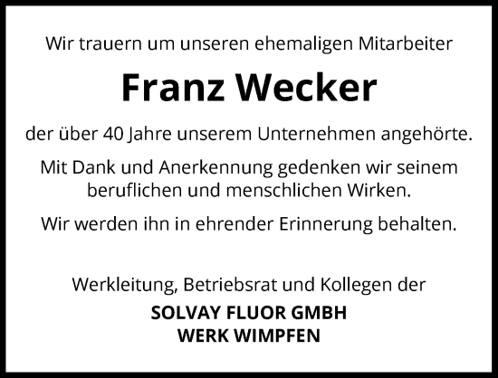 Traueranzeige von Franz Wecker von GESAMT
