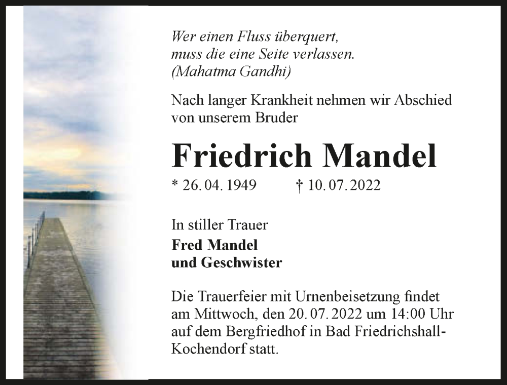  Traueranzeige für Friedrich Mandel vom 16.07.2022 aus GESAMT