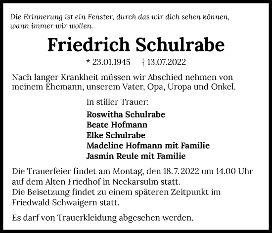 Traueranzeige von Friedrich Schulrabe von GESAMT