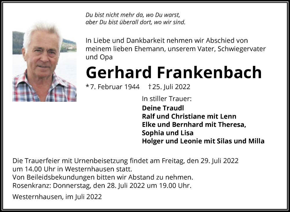  Traueranzeige für Gerhard Frankenbach vom 27.07.2022 aus GESAMT