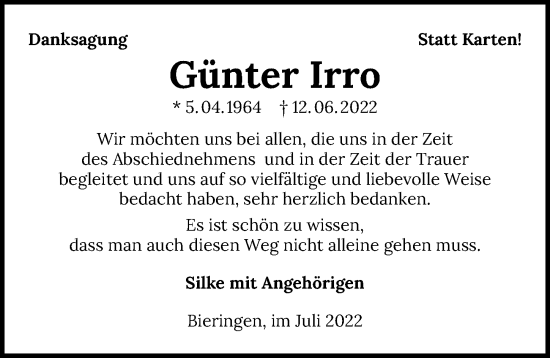 Traueranzeige von Günter Irro von GESAMT