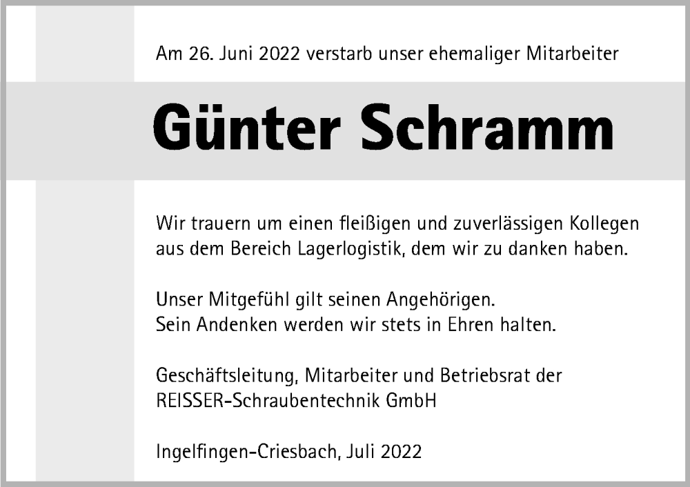  Traueranzeige für Günter Schramm vom 08.07.2022 aus GESAMT