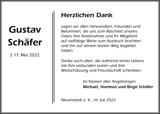 Traueranzeige von Gustav Schäfer von GESAMT