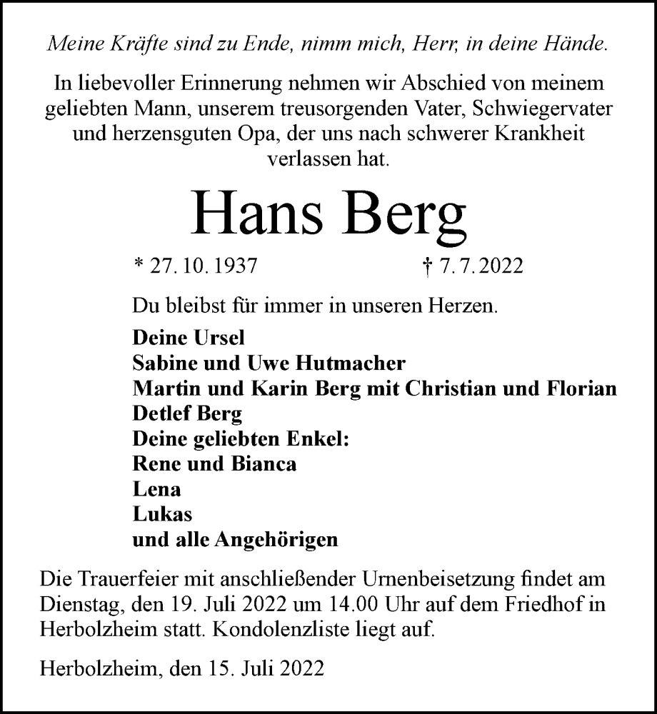  Traueranzeige für Hans Berg vom 15.07.2022 aus GESAMT
