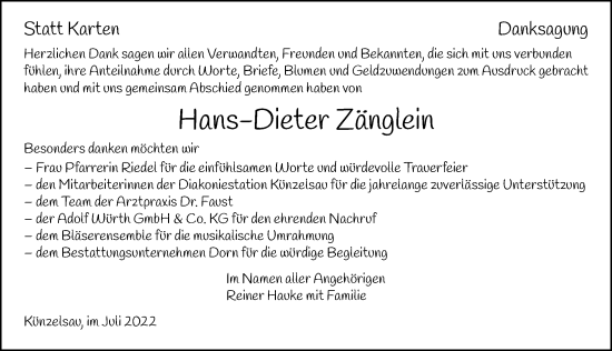 Traueranzeige von Hans-Dieter Zänglein von GESAMT