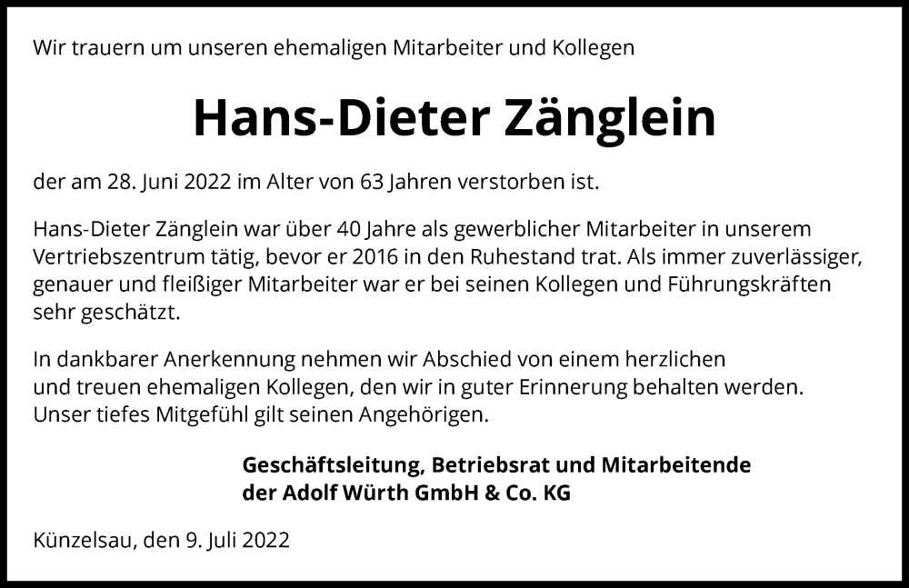  Traueranzeige für Hans-Dieter Zänglein vom 11.07.2022 aus GESAMT