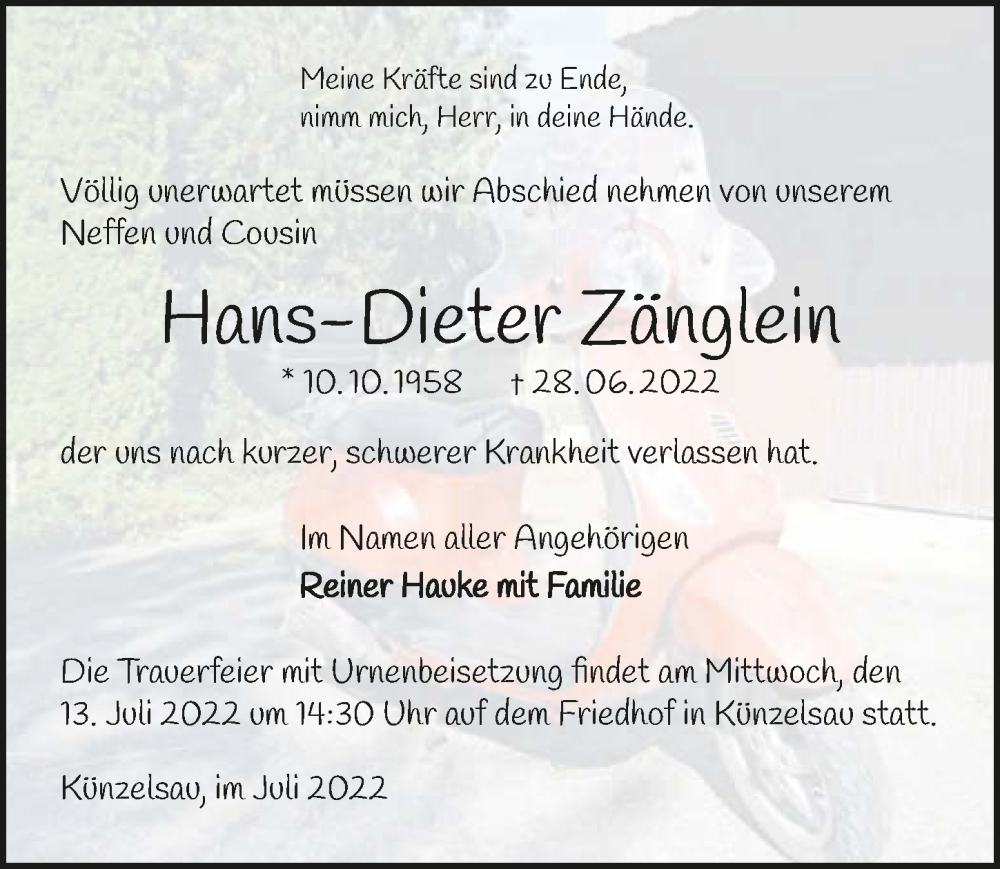  Traueranzeige für Hans-Dieter Zänglein vom 09.07.2022 aus GESAMT