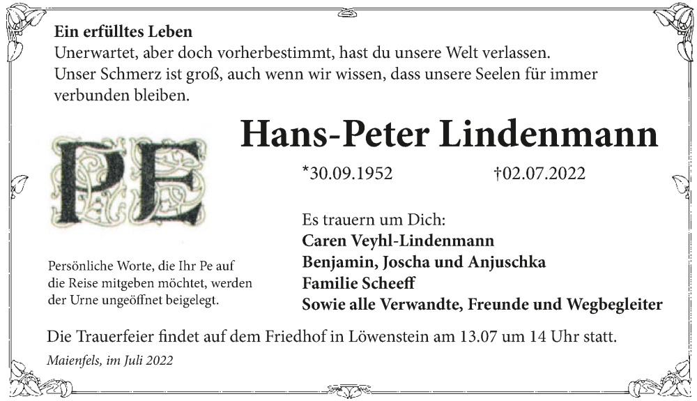  Traueranzeige für Hans-Peter Lindenmann vom 09.07.2022 aus GESAMT
