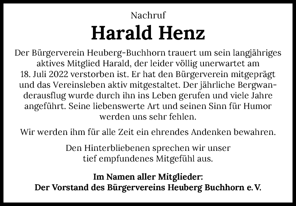  Traueranzeige für Harald Henz vom 30.07.2022 aus GESAMT