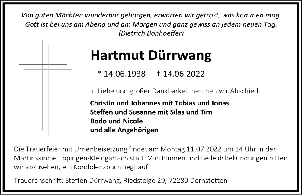  Traueranzeige für Hartmut Dürrwang vom 06.07.2022 aus GESAMT
