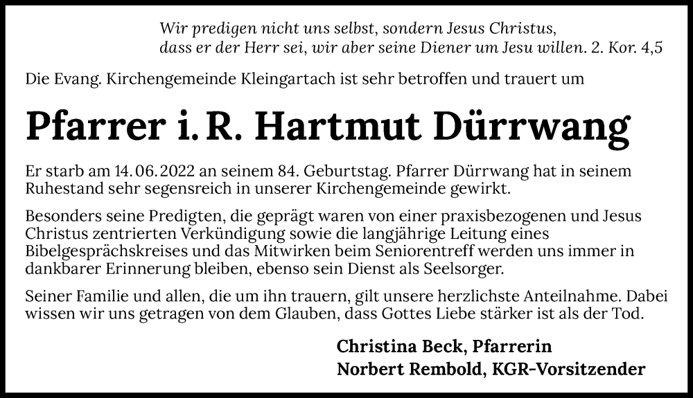  Traueranzeige für Hartmut Dürrwang vom 06.07.2022 aus GESAMT