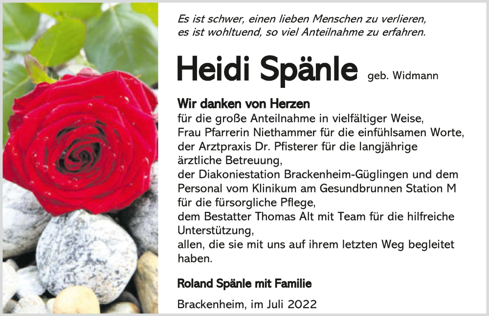  Traueranzeige für Heidi Spänle vom 16.07.2022 aus GESAMT