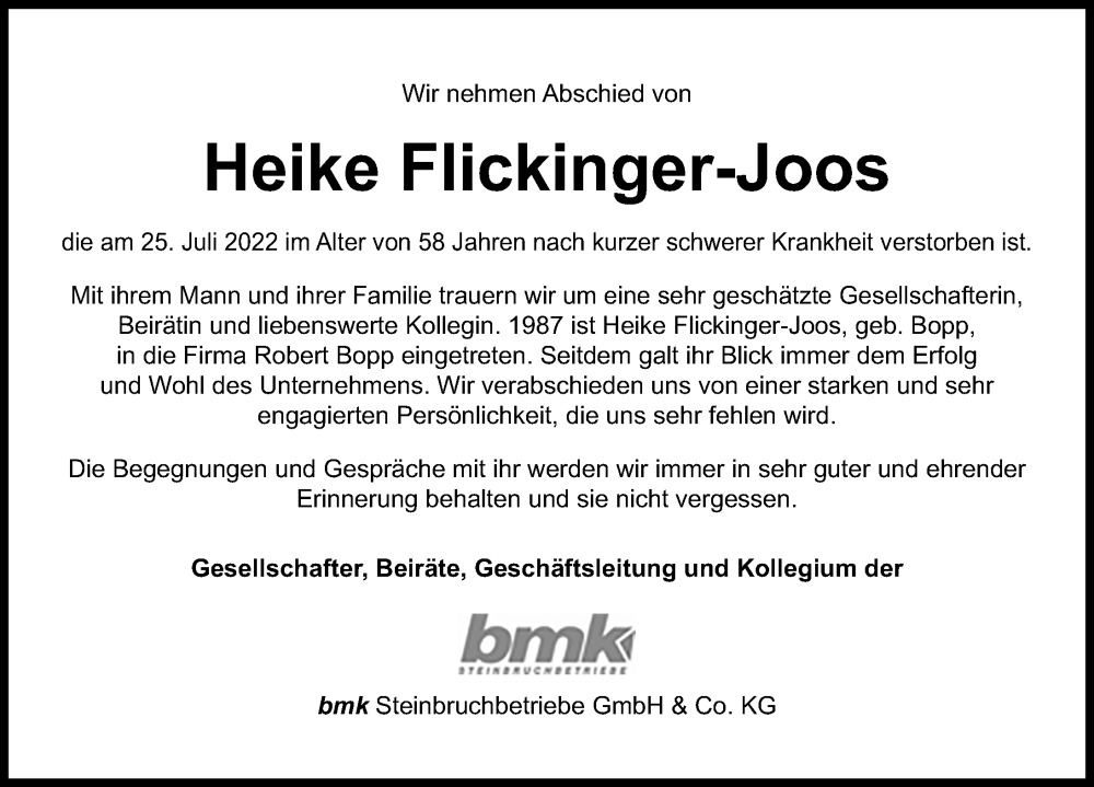  Traueranzeige für Heike Flickinger-Joos vom 30.07.2022 aus GESAMT