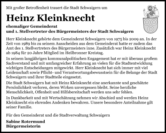 Traueranzeige von Heinz Kleinknecht von GESAMT