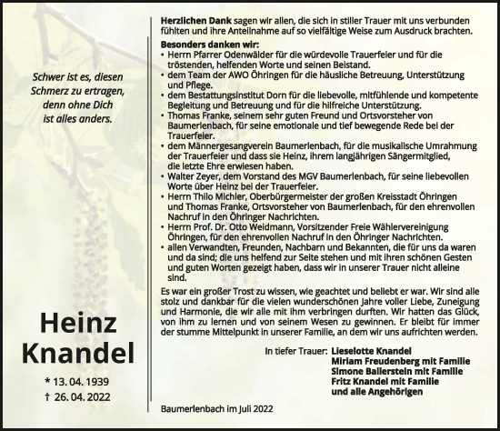 Traueranzeige von Heinz Knandel von GESAMT