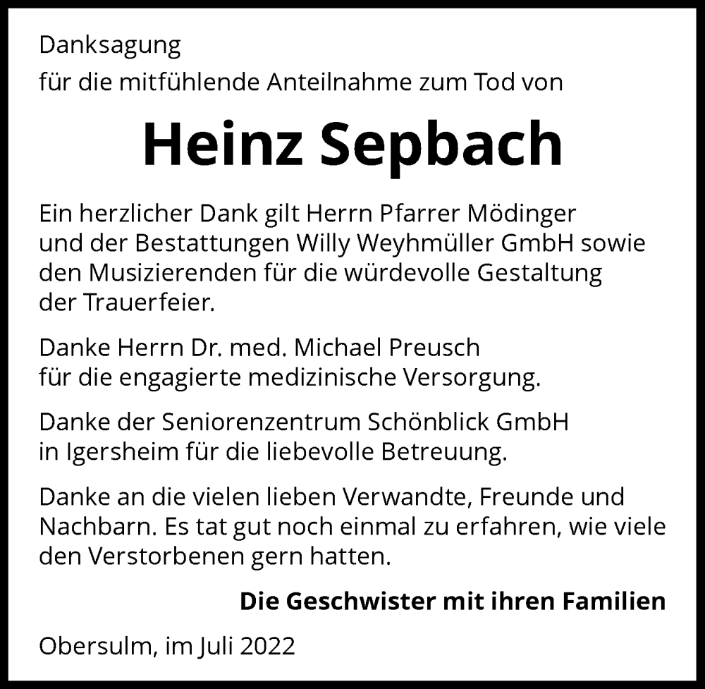  Traueranzeige für Heinz Sepach vom 09.07.2022 aus GESAMT