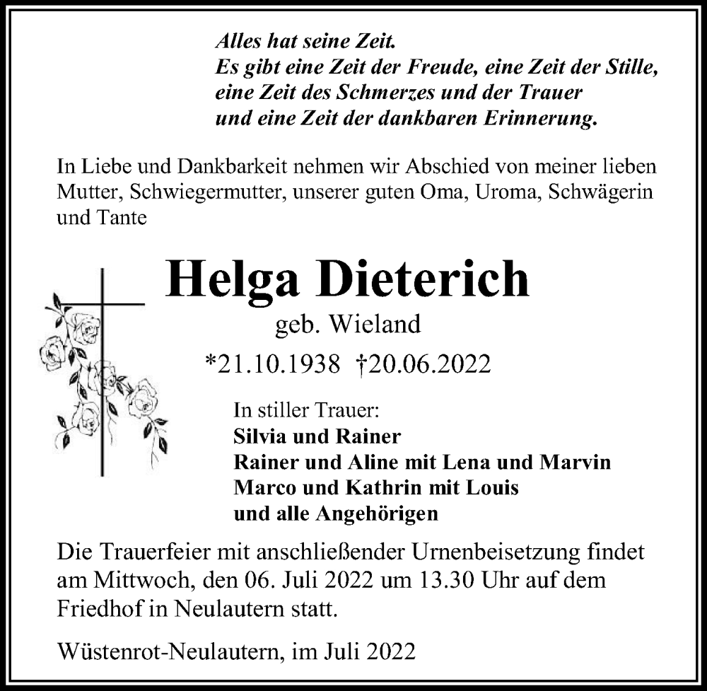  Traueranzeige für Helga Dieterich vom 02.07.2022 aus GESAMT