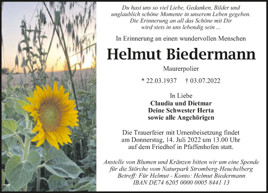 Traueranzeige von Helmut Biedermann von GESAMT