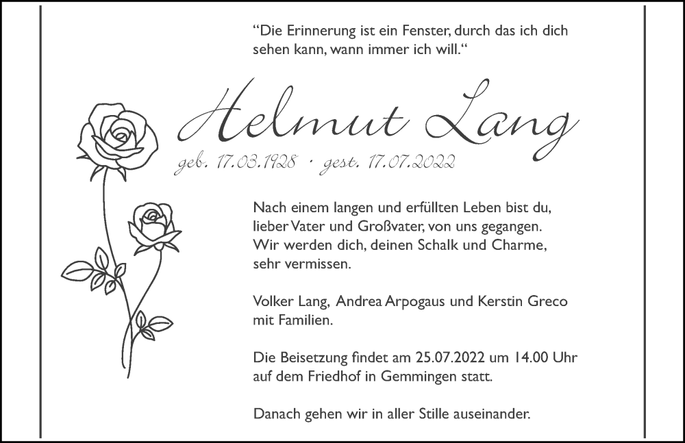  Traueranzeige für Helmut Lang vom 21.07.2022 aus GESAMT