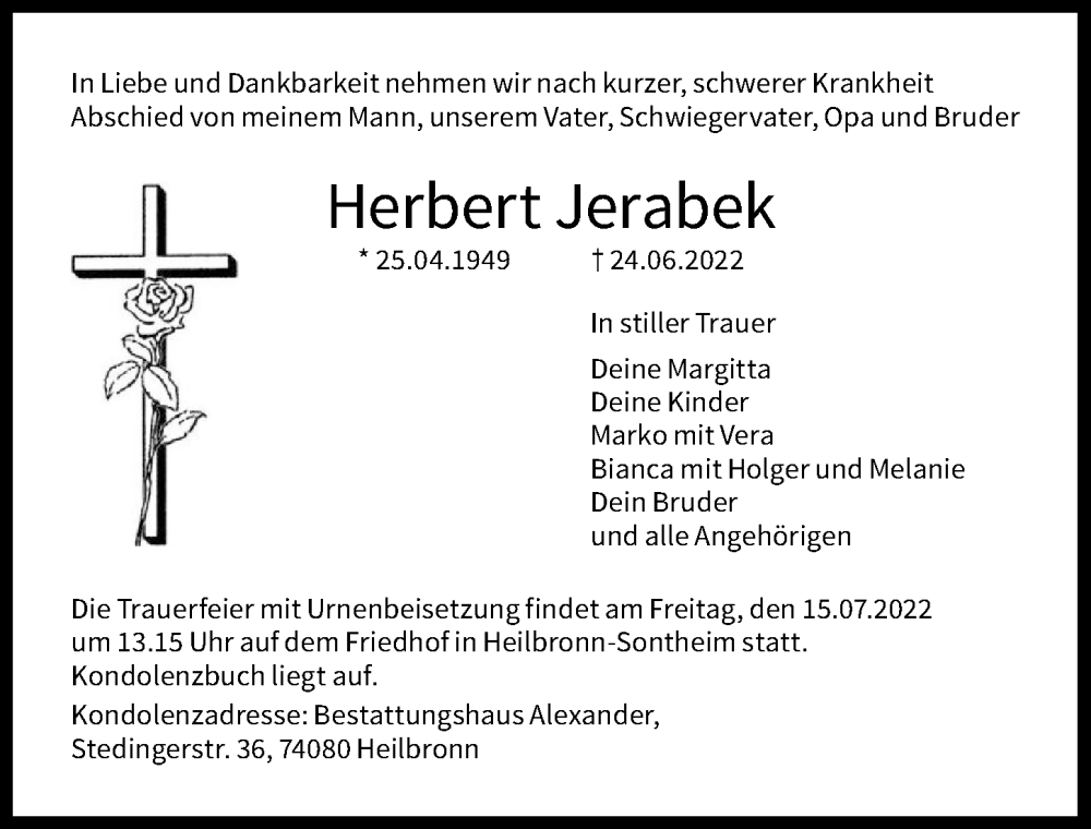  Traueranzeige für Herbert Jerebek vom 02.07.2022 aus GESAMT