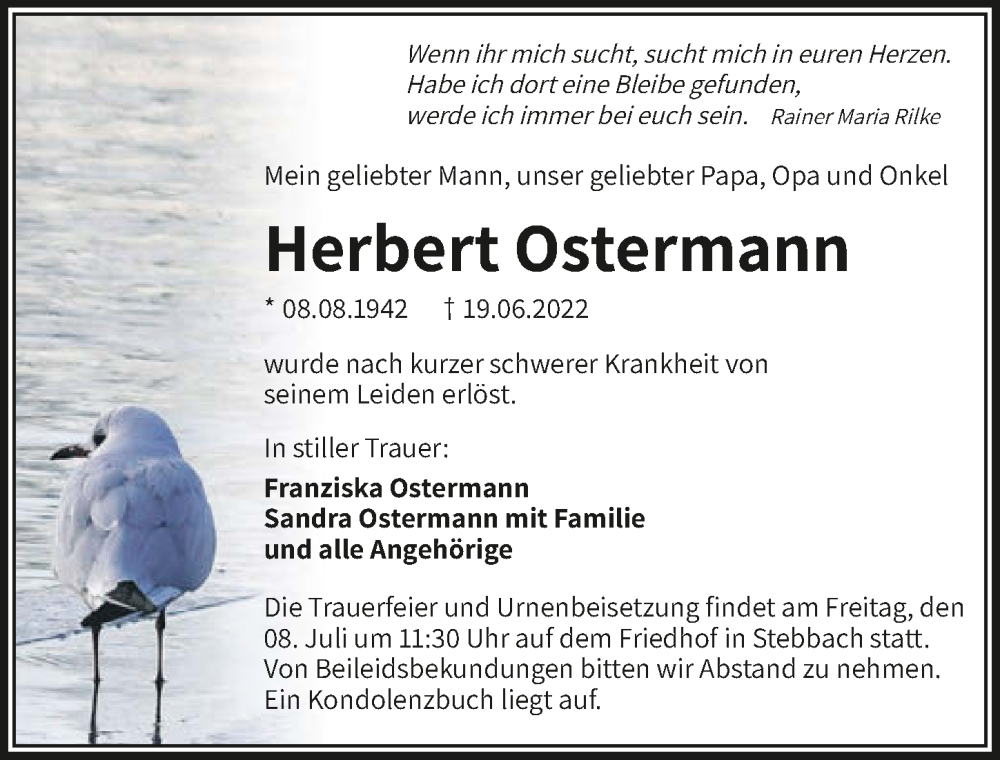  Traueranzeige für Herbert Ostermann vom 02.07.2022 aus GESAMT