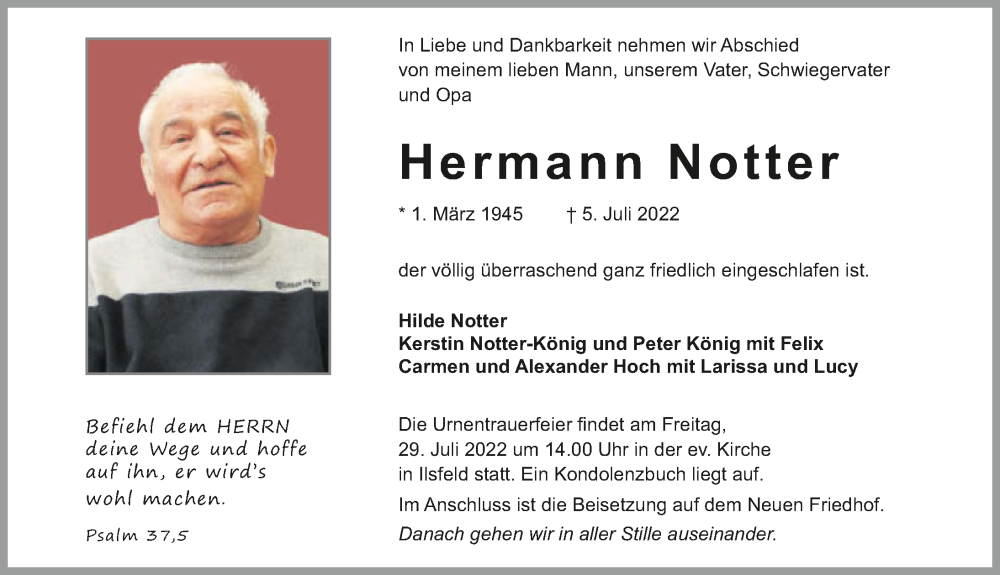  Traueranzeige für Hermann Notter vom 23.07.2022 aus GESAMT