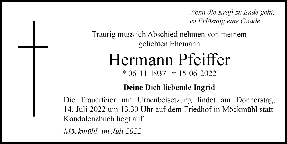  Traueranzeige für Hermann Pfeiffer vom 09.07.2022 aus GESAMT