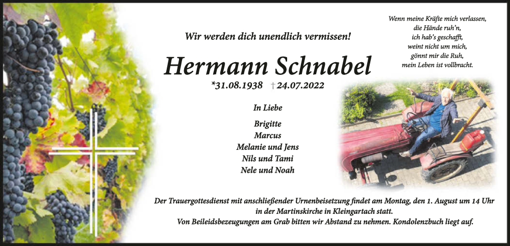  Traueranzeige für Hermann Schnabel vom 30.07.2022 aus GESAMT