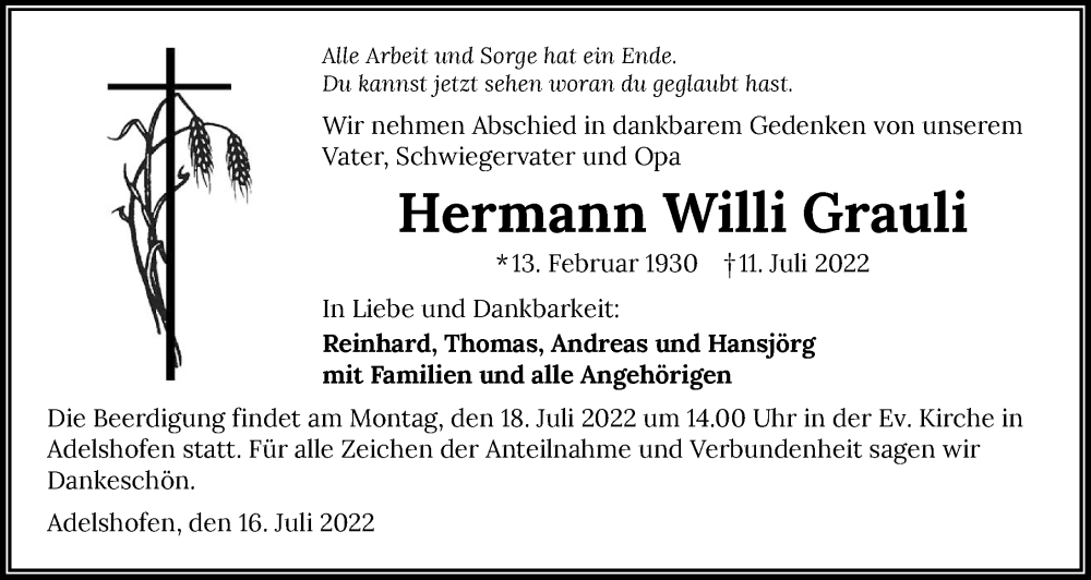  Traueranzeige für Hermann Willi Grauli vom 16.07.2022 aus GESAMT