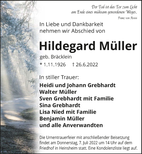 Traueranzeige von Hildegard Müller von GESAMT
