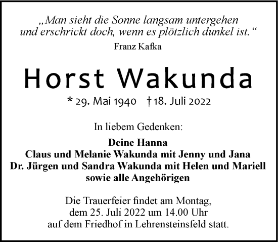Traueranzeige von Horst Wakunda von GESAMT