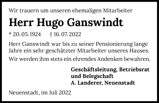 Traueranzeige von Hugo Ganswindt von GESAMT