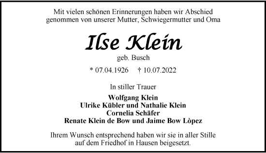 Traueranzeige von Ilse Klein von GESAMT