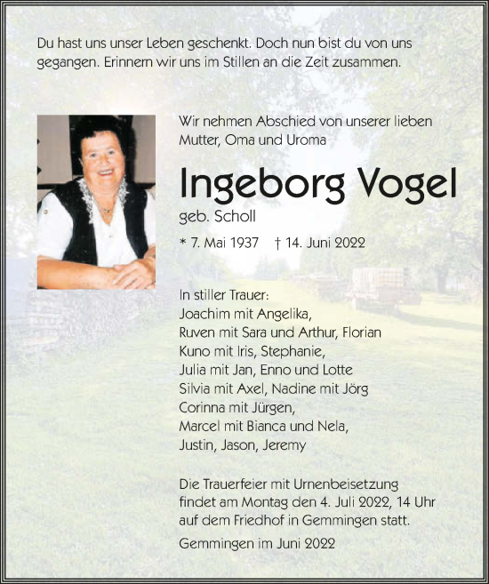 Traueranzeige von Ingeborg Vogel von GESAMT
