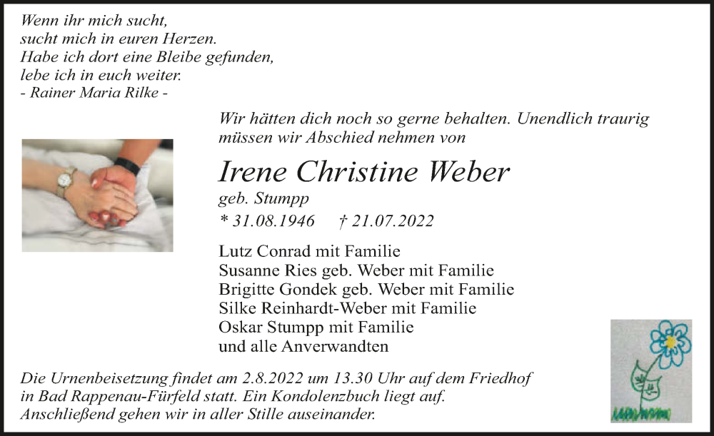  Traueranzeige für Irene Weber vom 30.07.2022 aus GESAMT