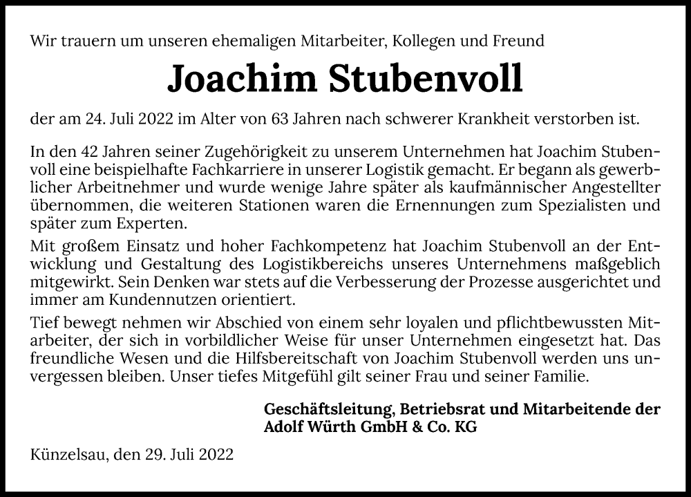  Traueranzeige für Joachim Stubenvoll vom 29.07.2022 aus GESAMT