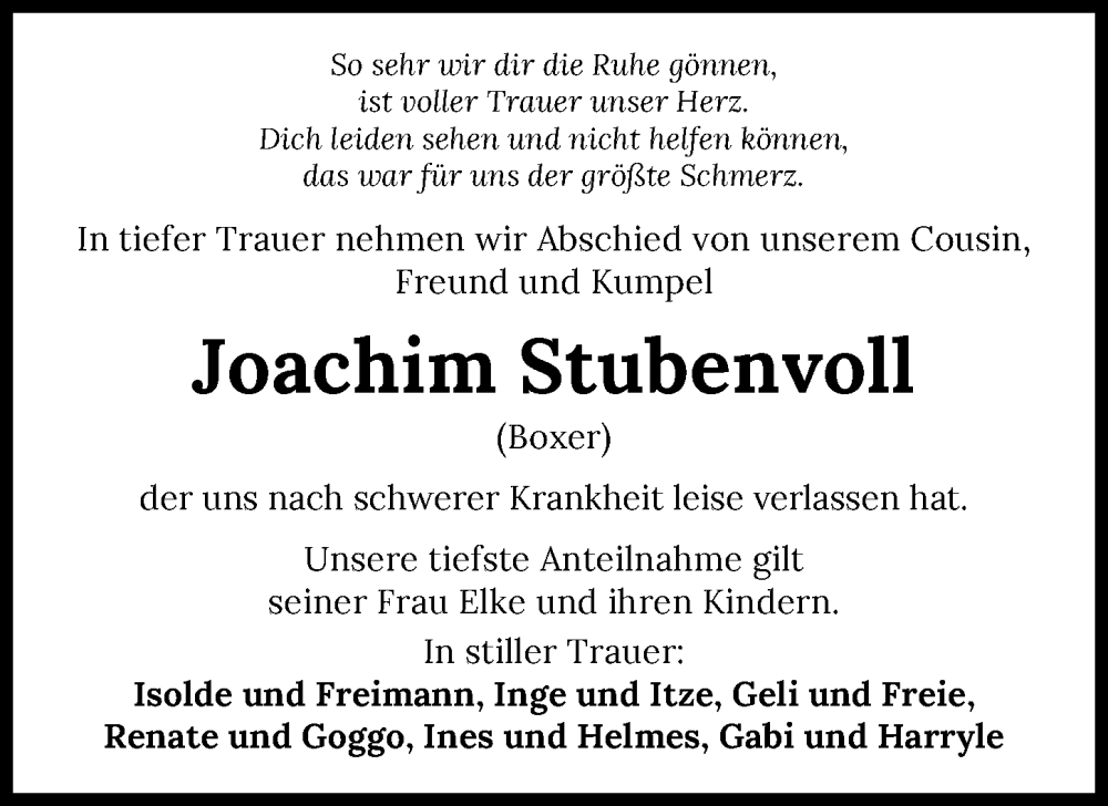  Traueranzeige für Joachim Stubenvoll vom 28.07.2022 aus GESAMT