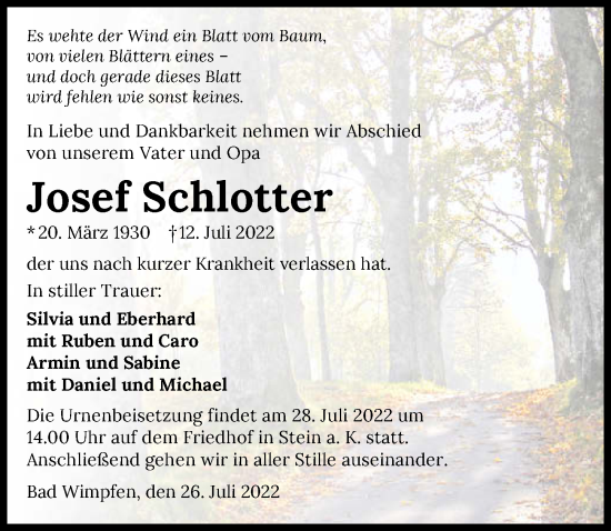 Traueranzeige von Josef Schlotter von GESAMT