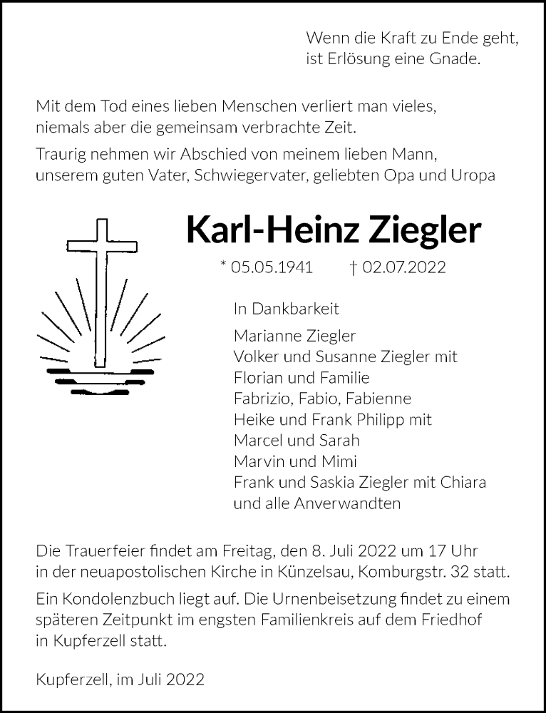  Traueranzeige für Karl-Heinz Ziegler vom 06.07.2022 aus GESAMT