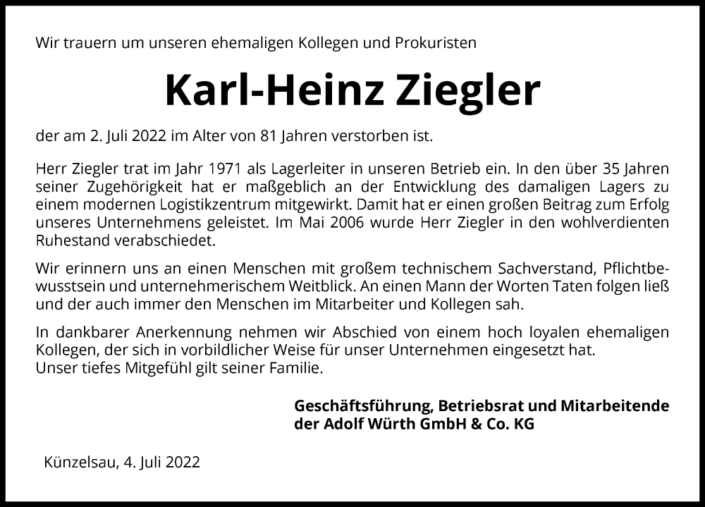  Traueranzeige für Karl-Heinz Ziegler vom 08.07.2022 aus GESAMT