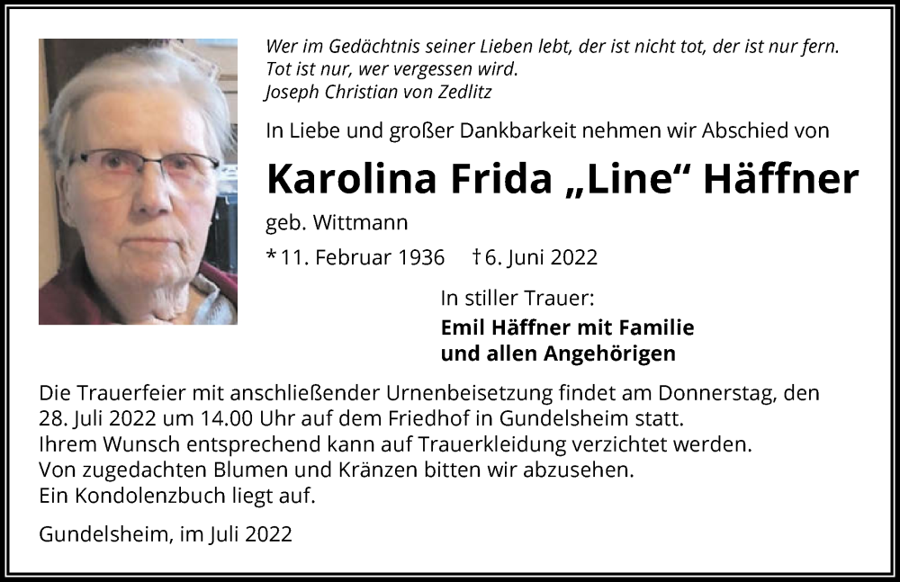  Traueranzeige für Karolina Frida Häffner vom 23.07.2022 aus GESAMT